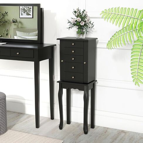 Giantex Jewelry Cabinet Armoire Chest مع 4 أدراج ، مرآة أعلى ، مقصورات تخزين أعلى ، أبواب جانبية مع 8 خطافات قلادة ، رففين ، صندوق منظم المجوهرات الأبيض للبنات للبنات in Saudi Arabia