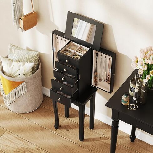 Giantex Jewelry Cabinet Armoire Chest مع 4 أدراج ، مرآة أعلى ، مقصورات تخزين أعلى ، أبواب جانبية مع 8 خطافات قلادة ، رففين ، صندوق منظم المجوهرات الأبيض للبنات للبنات in Saudi Arabia