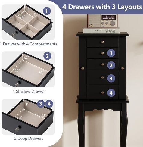 Giantex Jewelry Cabinet Armoire Chest مع 4 أدراج ، مرآة أعلى ، مقصورات تخزين أعلى ، أبواب جانبية مع 8 خطافات قلادة ، رففين ، صندوق منظم المجوهرات الأبيض للبنات للبنات in Saudi Arabia