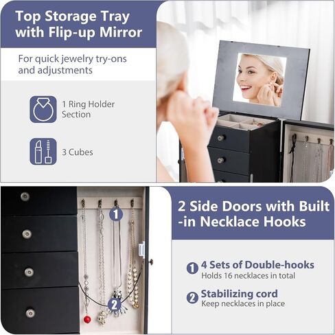 Giantex Jewelry Cabinet Armoire Chest مع 4 أدراج ، مرآة أعلى ، مقصورات تخزين أعلى ، أبواب جانبية مع 8 خطافات قلادة ، رففين ، صندوق منظم المجوهرات الأبيض للبنات للبنات in Saudi Arabia