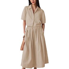 Womens Summer 2 Piece Outfits Skirt Sets Button Short Sleeve Tops Elastic Waist Maxi Dress Sets with Pockets in Kuwait