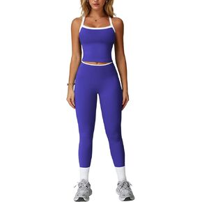 Women 2 Piece Workout Sets Padded Criss Cross Back Crop Tank High Waist Tummy Control Active Leggings Sets Yoga Outfit in Kuwait