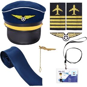 Airline Pilot Captain Hat Kit Pilot Costume Accessories Set for Men Adults Tie Wings Patch Halloween Cosplay Party in Saudi Arabia