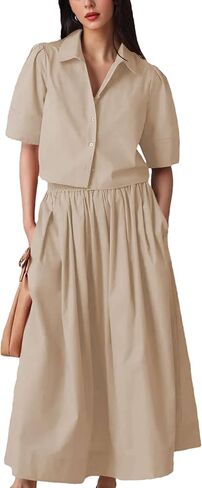 Womens Summer 2 Piece Outfits Skirt Sets Button Short Sleeve Tops Elastic Waist Maxi Dress Sets with Pockets in Kuwait