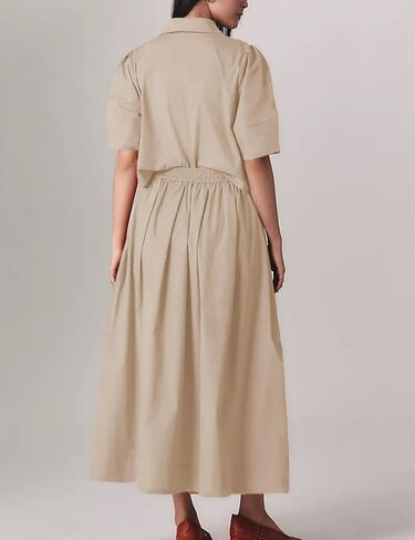 Womens Summer 2 Piece Outfits Skirt Sets Button Short Sleeve Tops Elastic Waist Maxi Dress Sets with Pockets in Kuwait