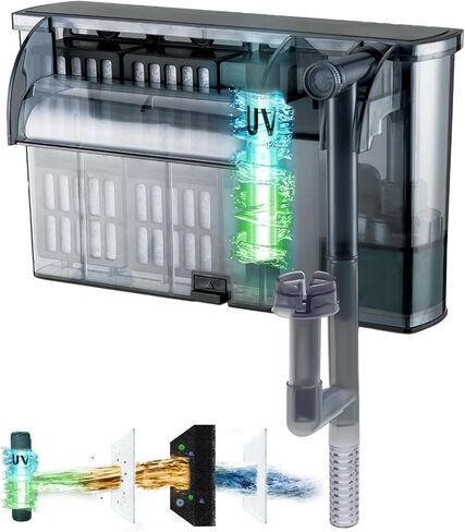 Hang on Back Aquarium Power Filter w/Detachable U-V Light Canister & Surface Skimmer 158GPH for 10-40 Gal. Fish Tank 4-Stage Deodorization Keep Saltwater Freshwater Crystal Clear Green Clean Machine in Saudi Arabia