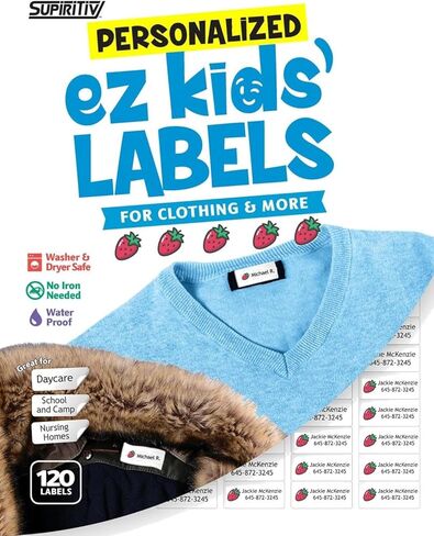 120 مخصص مخصص تسميات الأسماء المقاومة للماء | عصا الذات | الملابس ، المدرسة ، المخيم ، التمريض ، الألعاب ، التنظيم ، كل الغرض | ez الأطفال وجميع الأعمار | غسالة ، مجفف وغسالة أطباق آمنة | لا حديد in Kuwait