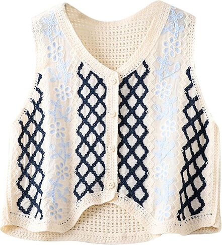 Women Vest, Women Crochet Knit Diamond Sweater Vest Button Up Crop Cardigan Waistcoat, 30.00 * 24.00 * 2.00CM in Kuwait