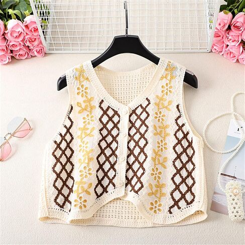 Women Vest, Women Crochet Knit Diamond Sweater Vest Button Up Crop Cardigan Waistcoat, 30.00 * 24.00 * 2.00CM in Kuwait