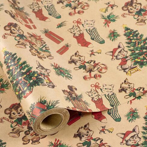 RUSPEPA Kraft Christmas Wrapping Paper Roll, Mini Roll, Vintage Christmas Scene Design with Santa, Reindeer, Snowman, House Kraft Gift Wrap for Kids, Family, Friends, Xmas Gifts, 17 Inches x 16.4 Feet in Saudi Arabia