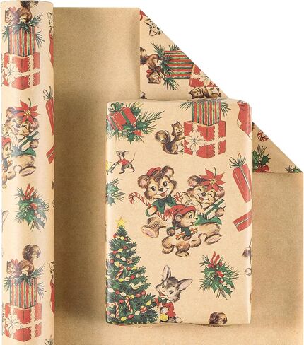 RUSPEPA Kraft Christmas Wrapping Paper Roll, Mini Roll, Vintage Christmas Scene Design with Santa, Reindeer, Snowman, House Kraft Gift Wrap for Kids, Family, Friends, Xmas Gifts, 17 Inches x 16.4 Feet in Saudi Arabia