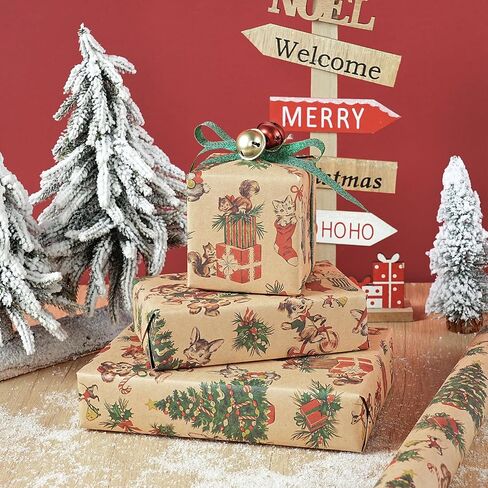 RUSPEPA Kraft Christmas Wrapping Paper Roll, Mini Roll, Vintage Christmas Scene Design with Santa, Reindeer, Snowman, House Kraft Gift Wrap for Kids, Family, Friends, Xmas Gifts, 17 Inches x 16.4 Feet in Saudi Arabia