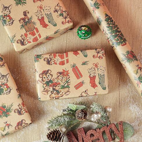 RUSPEPA Kraft Christmas Wrapping Paper Roll, Mini Roll, Vintage Christmas Scene Design with Santa, Reindeer, Snowman, House Kraft Gift Wrap for Kids, Family, Friends, Xmas Gifts, 17 Inches x 16.4 Feet in Saudi Arabia