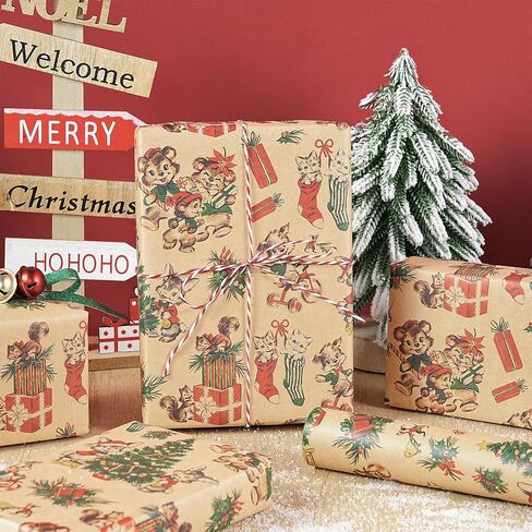 RUSPEPA Kraft Christmas Wrapping Paper Roll, Mini Roll, Vintage Christmas Scene Design with Santa, Reindeer, Snowman, House Kraft Gift Wrap for Kids, Family, Friends, Xmas Gifts, 17 Inches x 16.4 Feet in Saudi Arabia