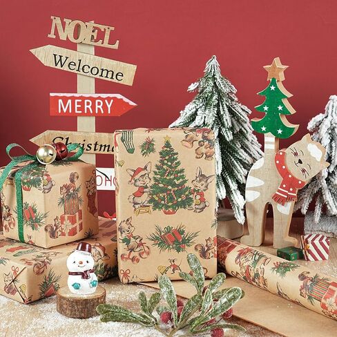 RUSPEPA Kraft Christmas Wrapping Paper Roll, Mini Roll, Vintage Christmas Scene Design with Santa, Reindeer, Snowman, House Kraft Gift Wrap for Kids, Family, Friends, Xmas Gifts, 17 Inches x 16.4 Feet in Saudi Arabia