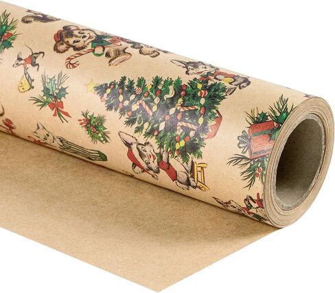 RUSPEPA Kraft Christmas Wrapping Paper Roll, Mini Roll, Vintage Christmas Scene Design with Santa, Reindeer, Snowman, House Kraft Gift Wrap for Kids, Family, Friends, Xmas Gifts, 17 Inches x 16.4 Feet in Saudi Arabia
