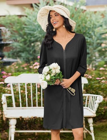 Ekouaer Zipper Robes for Women 3/4 Sleeves Housecoat Soft Nightgowns Sleepwear Mumu House Dresses with Pockets S-3XL in Saudi Arabia