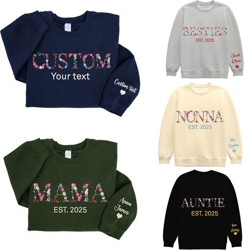 Personalized Embroidered Aunt V-Notch Sweatshirt, Custom Embroidery Mom Sweatshirts with Kid Names on Sleeve, for Auntie, Grandma in Kuwait