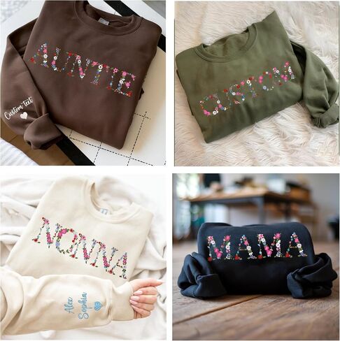 Personalized Embroidered Aunt V-Notch Sweatshirt, Custom Embroidery Mom Sweatshirts with Kid Names on Sleeve, for Auntie, Grandma in Kuwait