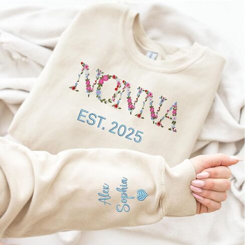 Personalized Embroidered Aunt V-Notch Sweatshirt, Custom Embroidery Mom Sweatshirts with Kid Names on Sleeve, for Auntie, Grandma in Kuwait