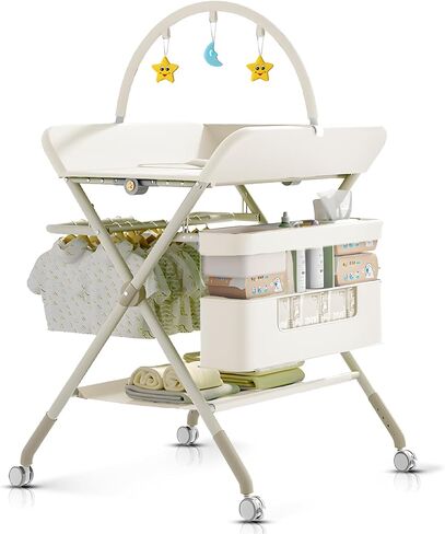 Foldable Portable Changing Table for Baby,Upgraded Style Baby Portable Diaper Changing Station with Wheels,Nursery Five Level Adjustable Height Changing Table with Organizer Storage(Grey) in Saudi Arabia