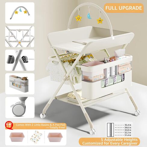 Foldable Portable Changing Table for Baby,Upgraded Style Baby Portable Diaper Changing Station with Wheels,Nursery Five Level Adjustable Height Changing Table with Organizer Storage(Grey) in Saudi Arabia