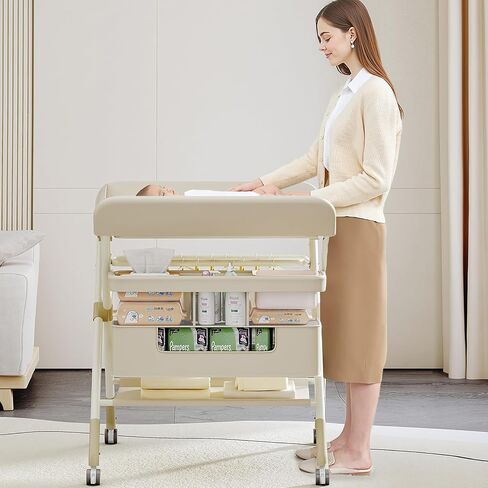 Foldable Portable Changing Table for Baby,Upgraded Style Baby Portable Diaper Changing Station with Wheels,Nursery Five Level Adjustable Height Changing Table with Organizer Storage(Grey) in Saudi Arabia