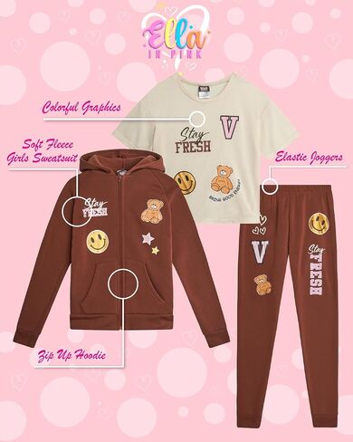 Girls Joggers Set - 3 Piece Zip Up Hoodie, Graphic Tee, and Jogger Pants - Girls' Activewear Fleece Jogset (7-8) in Saudi Arabia