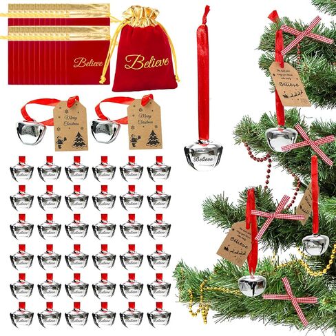 24 Sets Christmas Believe Bells Polar Express Bells Christmas Bells for Decoration Bulk with Red Gold Trimmed Velvet Bags, Tags,Gifts for Kids & Adults in Kuwait