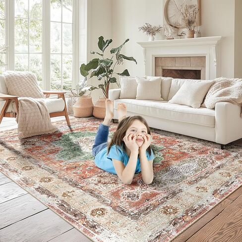 BESTSWEETIE 8x10 Area Rugs Machine Washable No Pile Non Slip Vintage Rugs for Living Room&Bedroom&Dinning Room Bohemian Distressed Carpet Indoor,Blue in Kuwait