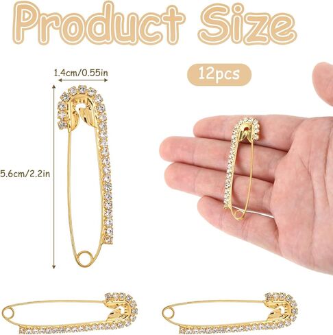 12 PCS دبابيس أمان فاخرة ، دبابيس الذهب والسلامة الشظية ، دبابيس دبابيس كبيرة للملابس ، دبوس بروش كريستال للملابس شال in Kuwait