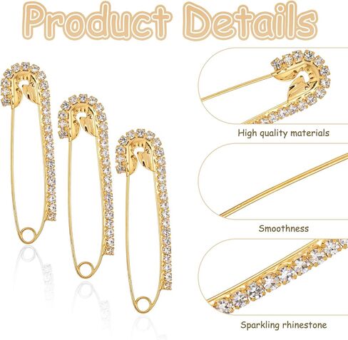 12 PCS دبابيس أمان فاخرة ، دبابيس الذهب والسلامة الشظية ، دبابيس دبابيس كبيرة للملابس ، دبوس بروش كريستال للملابس شال in Kuwait