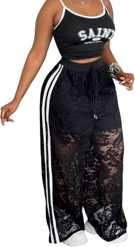 Women's Y2k Plus Size Lace Baggy Pants Side Striped Sheer Mesh Elastic Waist Wide Leg Track Pants in Saudi Arabia