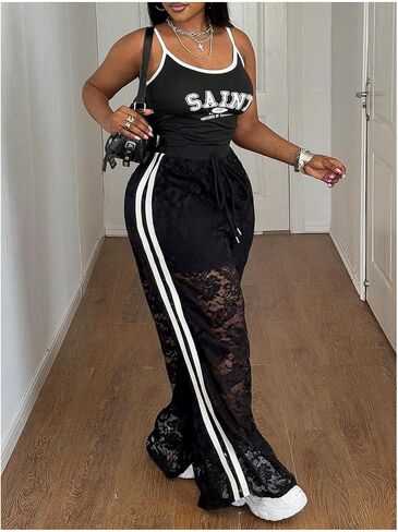 Women's Y2k Plus Size Lace Baggy Pants Side Striped Sheer Mesh Elastic Waist Wide Leg Track Pants in Saudi Arabia