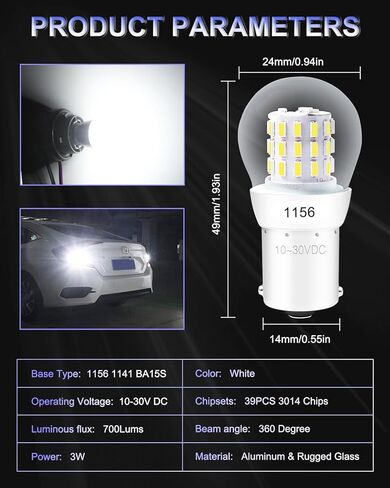 Alopee 1156 LED Bulb Amber 10-30V DC 1156 Bulb Replacement for 1141 1003 7506 P21W Blinker Light, Turn Signal Bulb 3014 Chips, Non Polarity, Pack of 2 in Kuwait