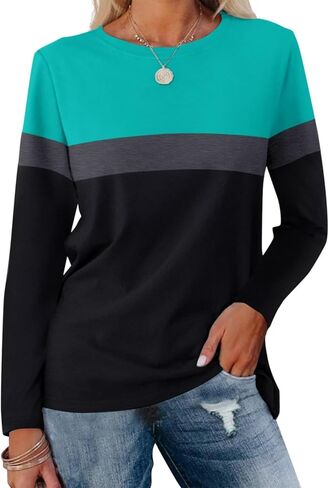 ORANDESIGNE Women's Color Block Long Sleeve Tunics Tops Casual Round Neck Loose Shirts Blouses in Saudi Arabia