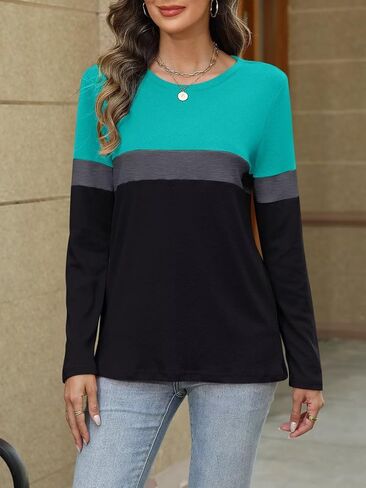 ORANDESIGNE Women's Color Block Long Sleeve Tunics Tops Casual Round Neck Loose Shirts Blouses in Saudi Arabia