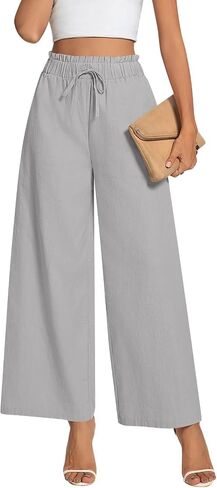 Anyally Women's Linen Summer Palazzo Pants Casual Flowy Wide Leg Drawstring High Waist Beach Trousers with Pockets in Saudi Arabia