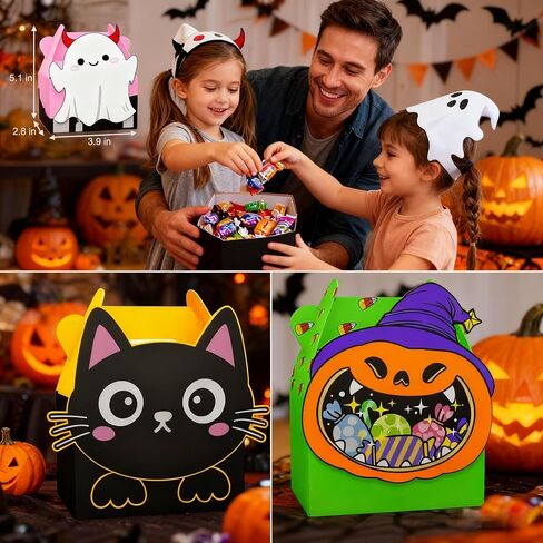 Giphtkom 24pcs لطيف هالوين صناديق الحلوى - خدعة أو علبة الصناديق للوجبات الخفيفة Goodie Toys و Gifts ، 4 من Witch Ghost Ghost Witch و Cat For Kids Halloween Party Forms Supplies Supplies in Saudi Arabia