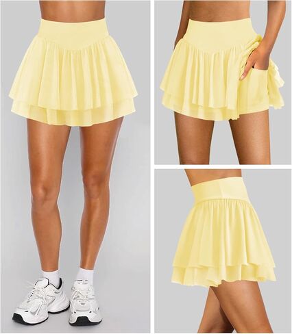Womens Mini Pleated Skirt Skort Flowy High Waisted Ruffle Tennis Athletic Skirt for Women with Shorts Underneath Pocket in Kuwait