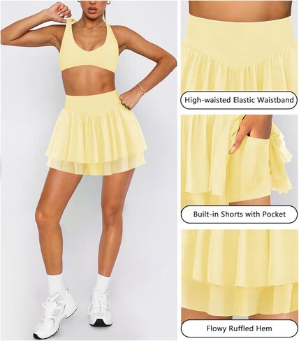 Womens Mini Pleated Skirt Skort Flowy High Waisted Ruffle Tennis Athletic Skirt for Women with Shorts Underneath Pocket in Kuwait