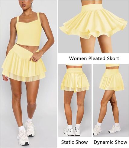 Womens Mini Pleated Skirt Skort Flowy High Waisted Ruffle Tennis Athletic Skirt for Women with Shorts Underneath Pocket in Kuwait