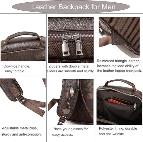 Genuine Leather Backpack for Men, Casual Shoulder Bag Multi Pockets Daypack 15.6 Inch Laptop Bag for Travel Business Outdoor in Kuwait