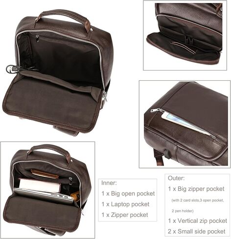 Genuine Leather Backpack for Men, Casual Shoulder Bag Multi Pockets Daypack 15.6 Inch Laptop Bag for Travel Business Outdoor in Kuwait