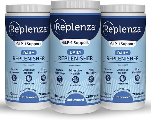 Replenza Daily Replenisher GLP-1 Nutritional Support, Powder, Muscle Recovery, Digestive Health & Skin Elasticity Mix of Amino Acids, Prebiotics and Collagen Peptides – Lemon Flavored, 3 Pack in Saudi Arabia