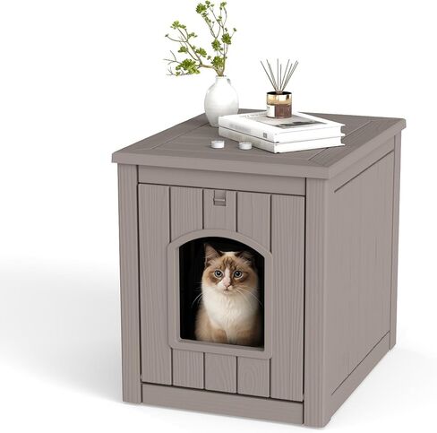 Vixzen Cat House Resin Outdoor Cat House with Flip Lid مرتفعة أرضية مرتفعة مقاومة للماء سهلة الوصول سهل التجميع سهل تنظيف المنازل للقطط في الهواء الطلق والرمادي in Kuwait