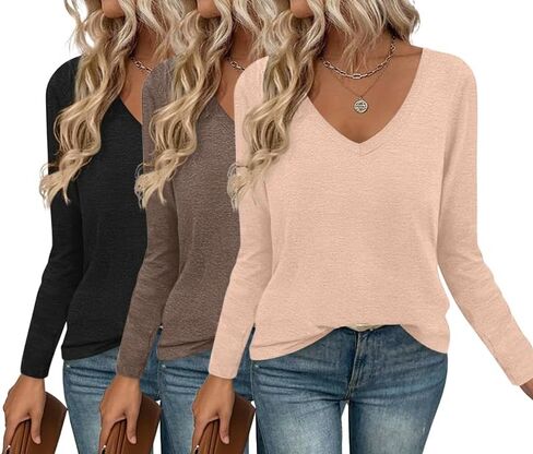 Ekouaer 3 Pack Long Sleeve Shirts for Women V Neck T Shirt Fall Casual Tops Basic Base Layer Undershirts Tees 2025 S-XXL in Saudi Arabia