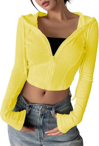 GORGLITTER Women's Cropped Zip Up Hoodie Lightweight Long Sleeve Rib Knit Slim Crop Jacket Fall Trendy 2025 in Saudi Arabia