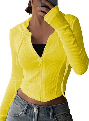 GORGLITTER Women's Cropped Zip Up Hoodie Lightweight Long Sleeve Rib Knit Slim Crop Jacket Fall Trendy 2025 in Saudi Arabia