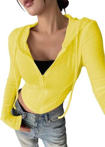 GORGLITTER Women's Cropped Zip Up Hoodie Lightweight Long Sleeve Rib Knit Slim Crop Jacket Fall Trendy 2025 in Saudi Arabia